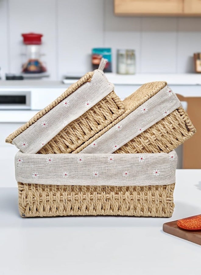 Small Wicker Baskets with Lids Liner Set of 3 Size Paper Rope Woven Decorative Cute Nesting Storage Baskets for Shelves Rectangular Container Bins for Table Snacks Gifts Makeup Organizer Beige - Image 3